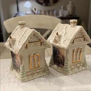 Thomas Kinkade Cream and Gold Cottage Salt and Pepper Shakers